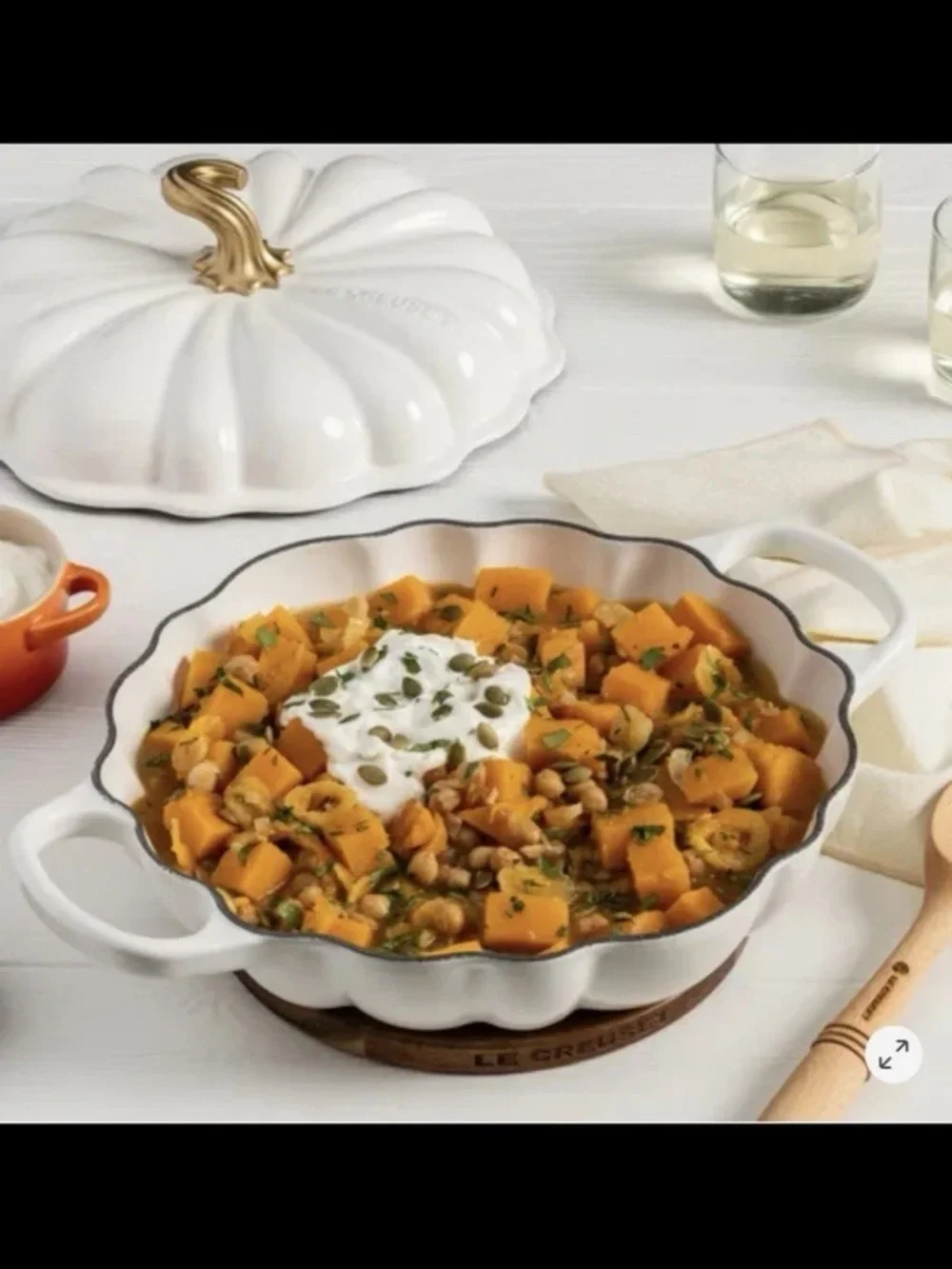 ~Le Creuset* NEW *White Pumpkin Casserole with Gold Stem Braiser…